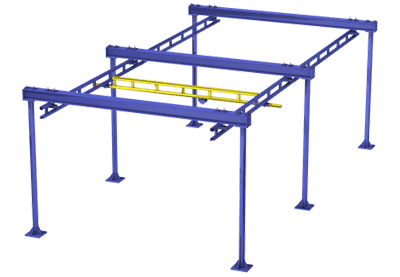 Gorbel bridge crane with 1000 lb capacity crane for warehouse in blue and yellow steel frame