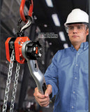 CM chainfall lever hoist 1650 lbs in use by worker wearing safety gear in industrial setting