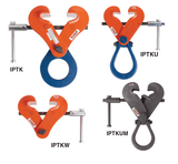 Crosby beam clamps for steel showing four types of plate clamps in orange, blue, and gray colors with labels IPTK, IPTKU, IPTKW, and IPTKUM