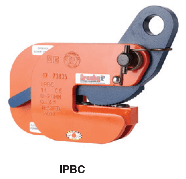 Crosby horizontal lifting clamp IPBC model in orange and blue for safe plate lifting