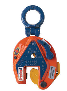 Crosby IPU10A vertical clamp in orange and blue for secure lifting of steel plates