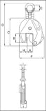 Technical drawing of Crosby IPU10A vertical clamp showing detailed dimensions and design