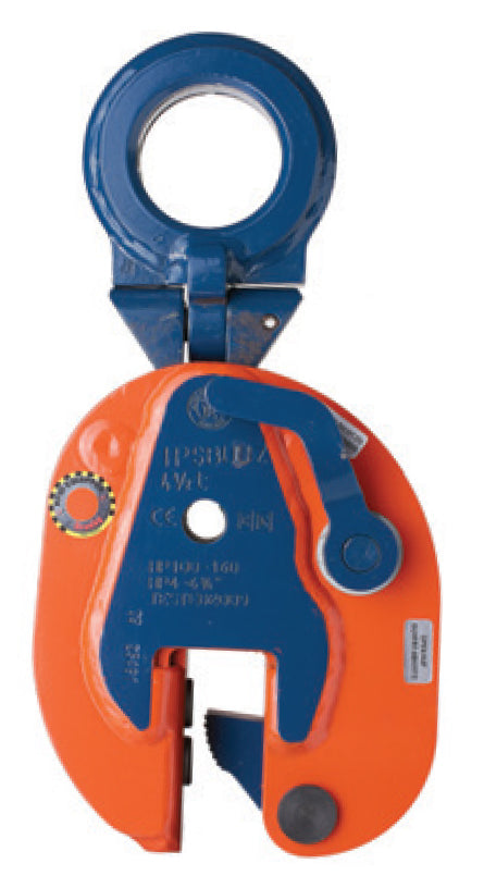 Crosby shipbuilding lifting clamps in orange and blue for secure heavy load lifting