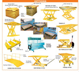 Econo Lift industrial lift table options including wide base, tandem, self-propelled, portable, and loading dock models