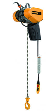 Harrington electric trolley hoist 1 ton in orange and black with chain and hook for heavy lifting