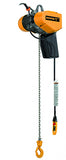 Harrington electric trolley hoist 1 ton in orange and black with chain and hook for heavy lifting