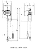 Technical diagram of Harrington electric trolley hoist 1 ton with hook mount and dimensions