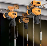 Harrington electric trolley hoist 1 ton in yellow with chain and motor mounted on overhead beam