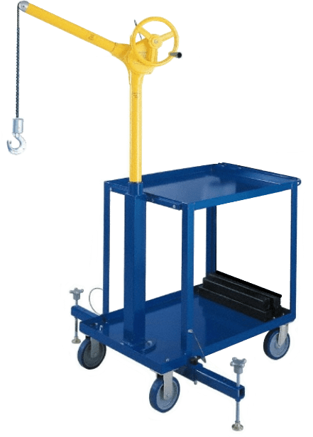 Ergonomic lifting device with cart by Syclone Attco Service featuring a yellow hoist arm and blue wheeled base