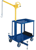Ergonomic lifting device with cart by Syclone Attco Service featuring a yellow hoist arm and blue wheeled base