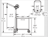 Technical diagram of ergonomic lifting device with cart showing dimensions and wheel placements