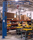 Gorbel free standing jib crane in industrial warehouse lifting equipment over workbenches