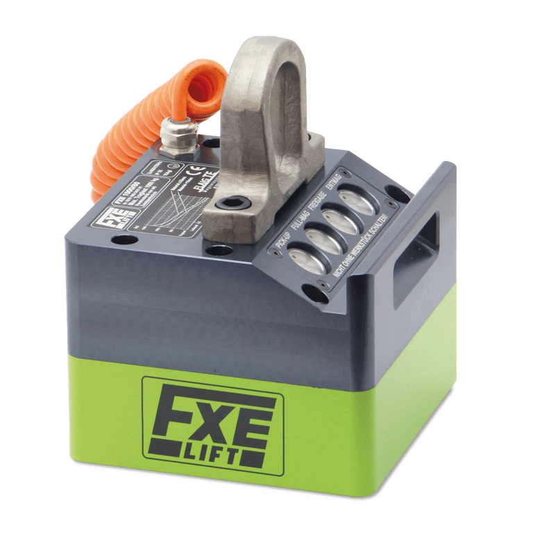 Industrial Magnetics FXE Series 100 lifting magnet with sturdy metal handle and green base