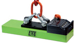 Industrial Magnetics FXE series lifting magnet in green and black with orange lifting hook