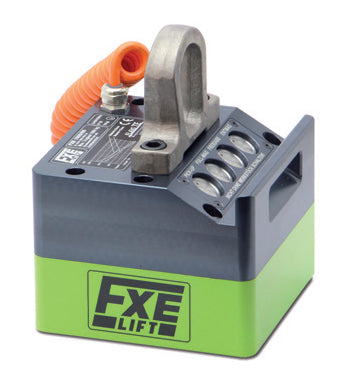 Industrial Magnetics FXE series lifting magnet with green and black body and metal lifting eye