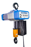 Gorbel electric chain hoist 2 ton capacity with hook, chain, and control pendant in blue and yellow