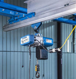 Gorbel electric chain hoist 2 ton hanging from metal beam in industrial warehouse setting