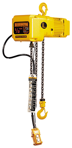 Harrington 1-Phase Electric Chain Hoist with 1 2 ton capacity and yellow housing