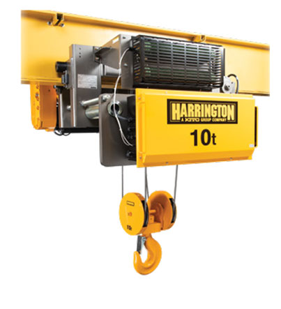 Harrington 10 ton wire rope hoist trolley for cranes with yellow lifting hook and industrial design