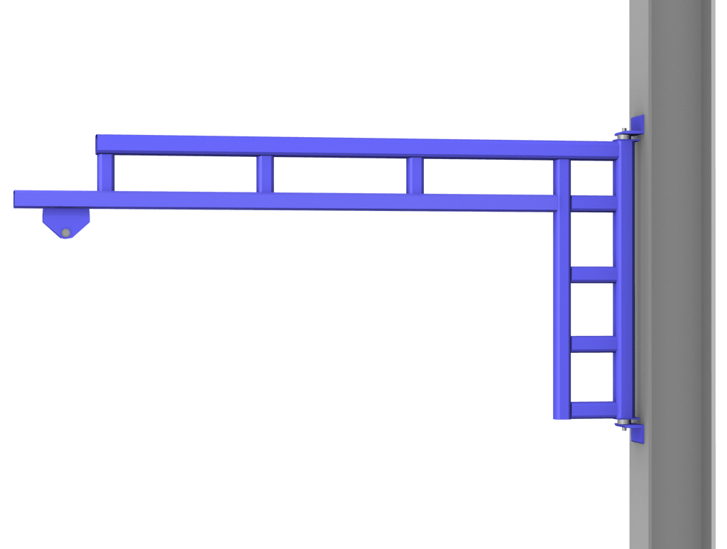 Blue Gorbel wall cantilever jib crane mounted on a vertical gray wall for lifting applications