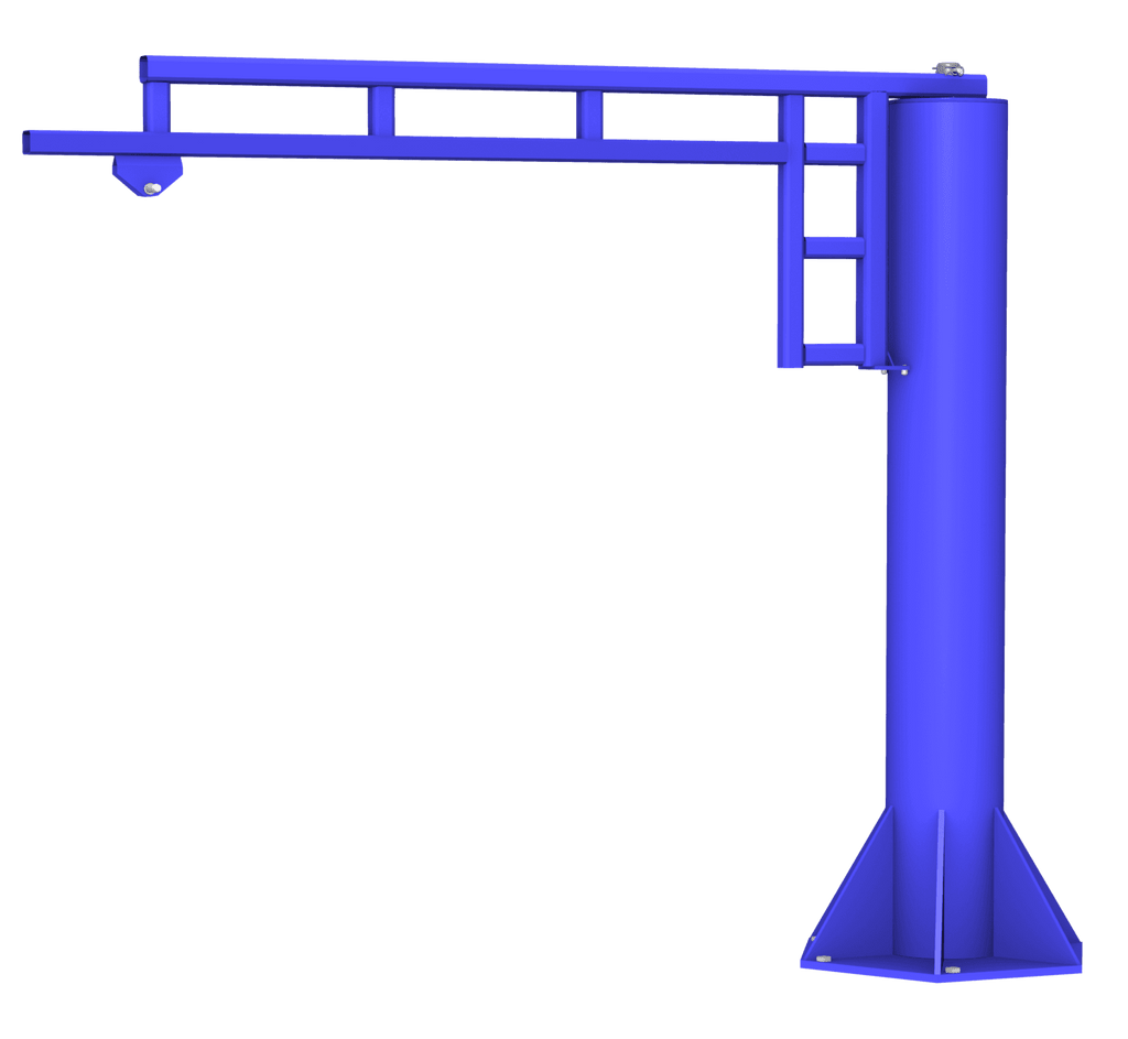 Gorbel blue free standing jib crane with sturdy base and horizontal lifting arm
