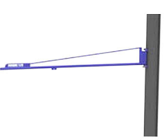 Gorbel wall mounted jib crane with blue arm and support attached to a vertical gray post
