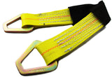 WiscoLift axle strap for vehicle towing in bright yellow with metal hooks and reinforced stitching