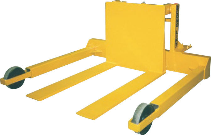 Econo Lift yellow Lift Table Straddle Tilter with wide fork arms and wheels for heavy lifting