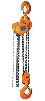 Magna Lifting Products manual chain hoist 16500 lbs with orange body and heavy-duty lifting hooks