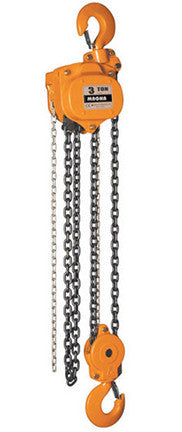 Magna Lifting Products manual chain hoist 6600 lbs with orange body and heavy-duty metal hooks