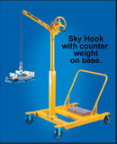 Yellow Sky Hook ergonomic lifting device for material handling with counterweight base and wheels