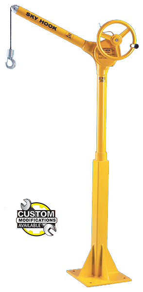 Yellow sky hook floor mount crane by Syclone Attco Service for special lifting tasks with custom modifications available