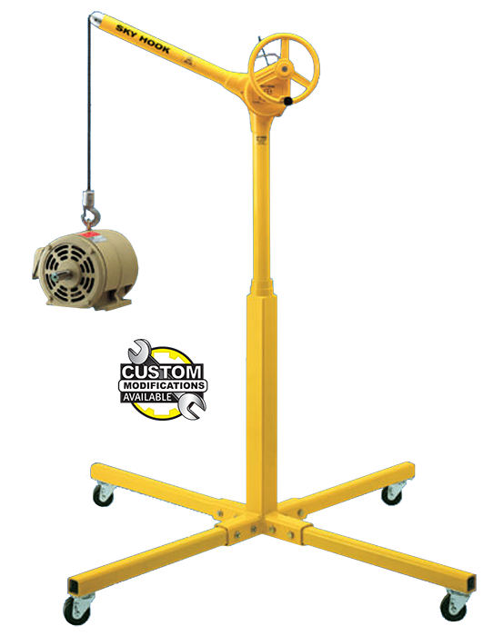 Yellow Sky Hook mobile base lifter by Syclone Attco Service with adjustable arm and wheels for heavy lifting