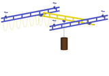 Gorbel ceiling mounted bridge crane in blue and yellow lifting a cylindrical load