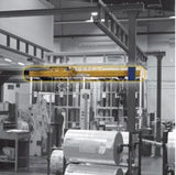 Gorbel ceiling mounted bridge crane in industrial warehouse lifting heavy materials safely