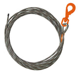 Wrecker Supply USA heavy duty steel winch cable with orange safety hook coiled and ready for use