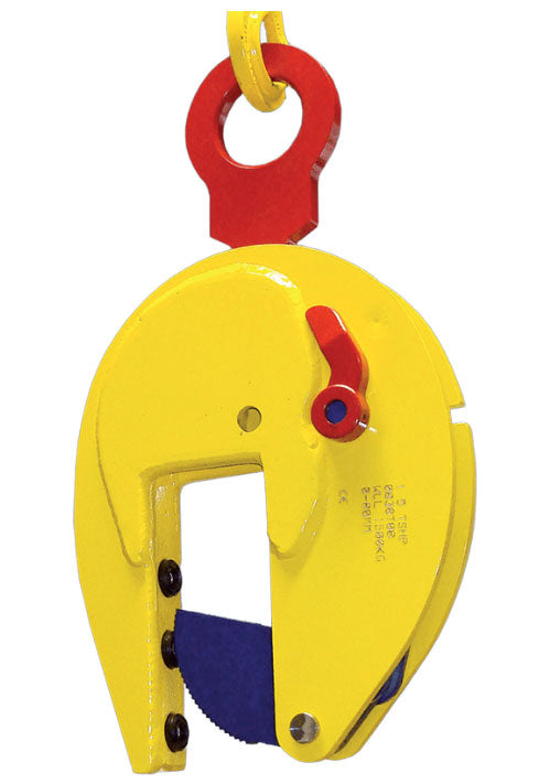 Terrier yellow vertical plate clamp for Holland profiles with red lifting hook and locking lever