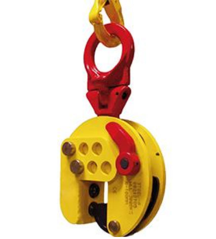 Terrier vertical plate lifting clamp in yellow and red for secure steel plate handling