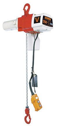 Harrington industrial lifting hoist for warehouses with chain and control pendant in red and white