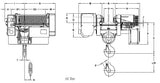 Harrington 10 ton wire rope hoist trolley for cranes technical schematic drawing with dimensions